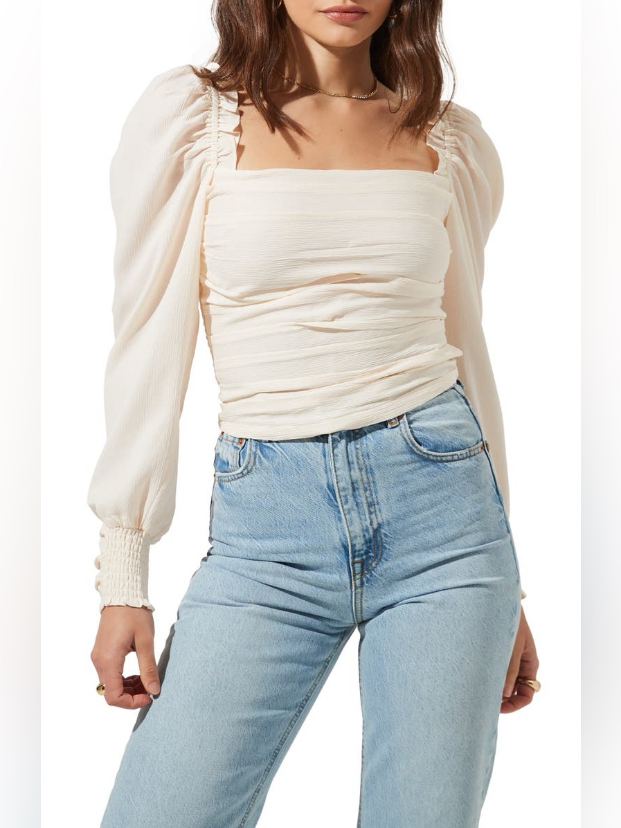 Astr - Tonia Ruched Puff Long Sleeve Square Neckline Bohemian Blouse Size Xs